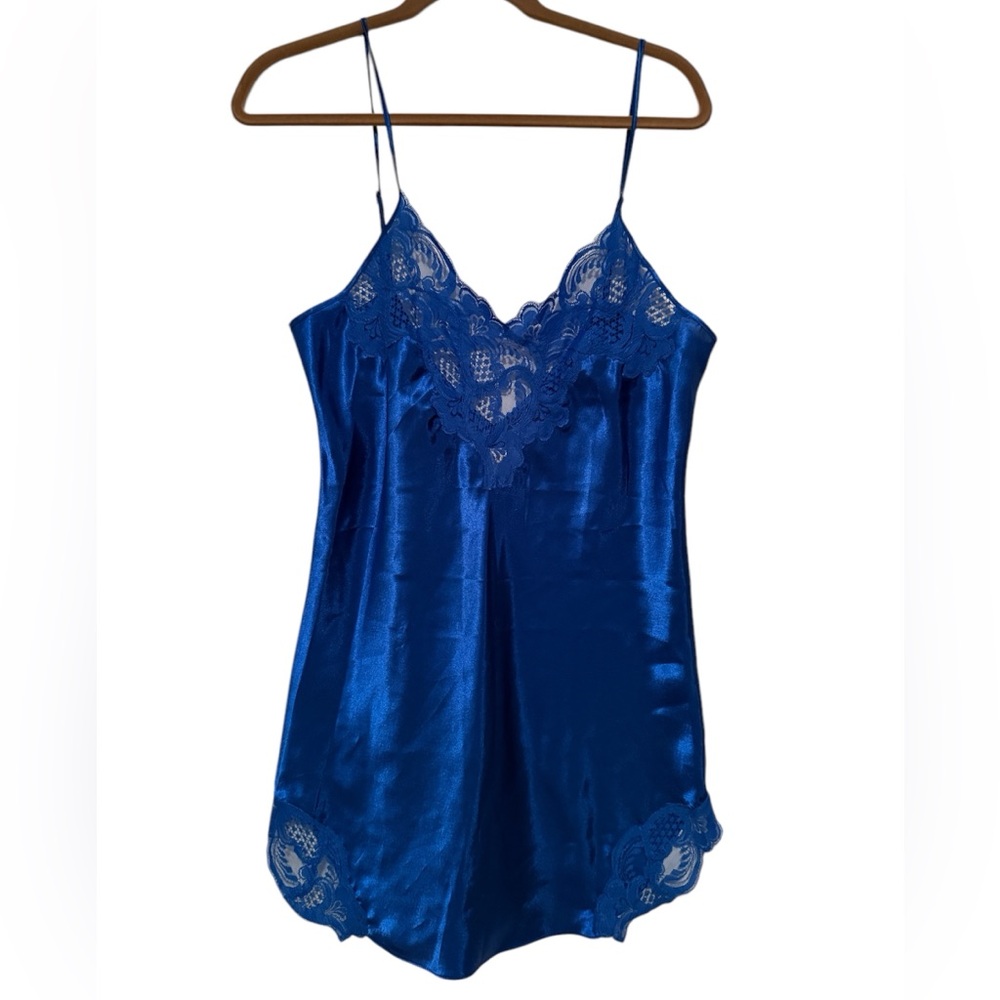 Vintage Victoria’s Secret Medium Mini Slip Dress Nightgown Blue Satin Lace Y2K